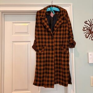 Cozy fall autumn long jacket black orange checkered plaid